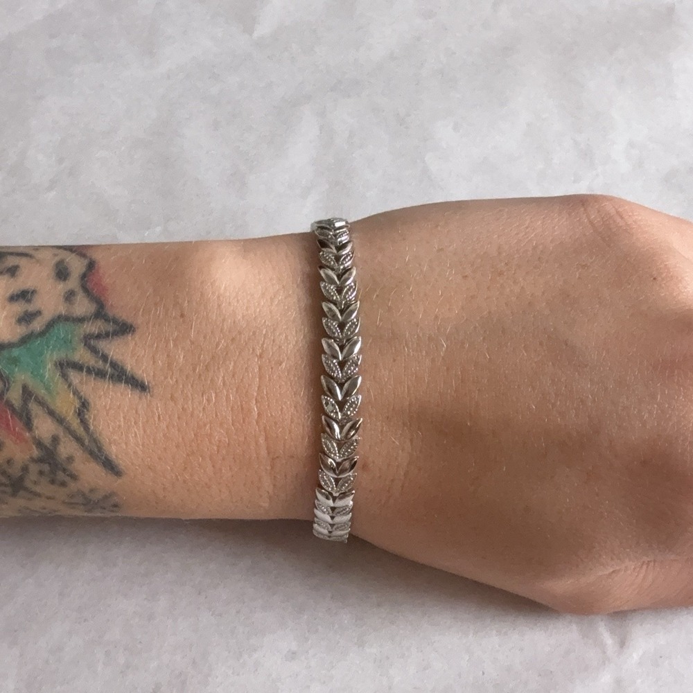 FAS Sterling Silver 925 Leaf Link Chain Bracelet Box Clasp Silver Womens 7.5 In